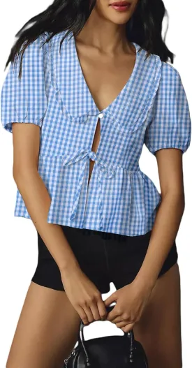 utcoco Women Tie Front Tops Puff Sleeve Peplum Babydoll Shirts Peter Pan Collar Coquette Blouses Cute Going Out Tops