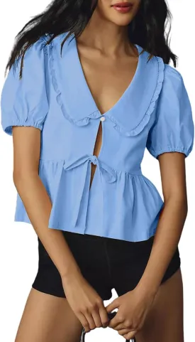 utcoco Women Tie Front Tops Puff Sleeve Peplum Babydoll Shirts Peter Pan Collar Coquette Blouses Cute Going Out Tops