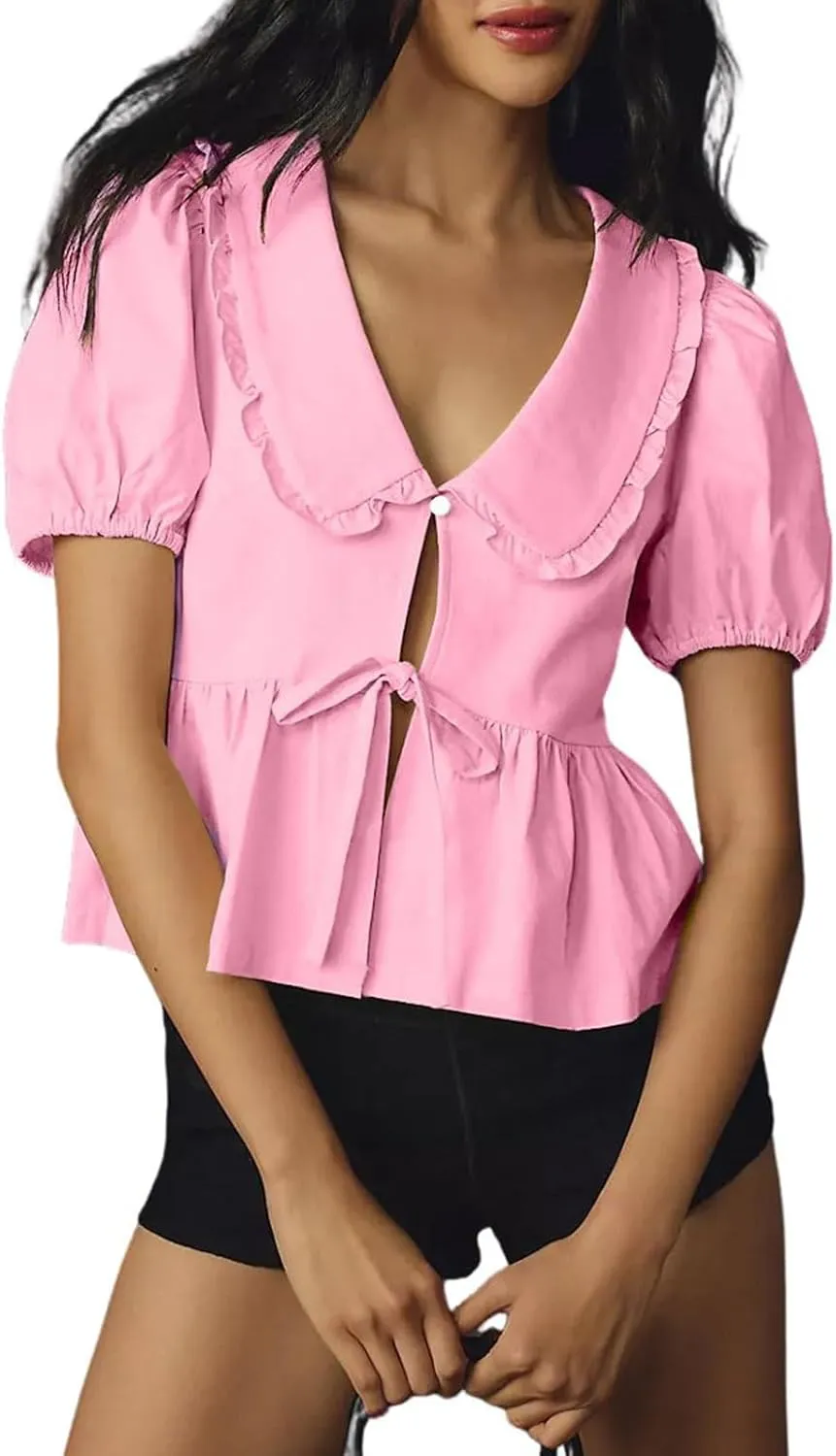 utcoco Women Tie Front Tops Puff Sleeve Peplum Babydoll Shirts Peter Pan Collar Coquette Blouses Cute Going Out Tops