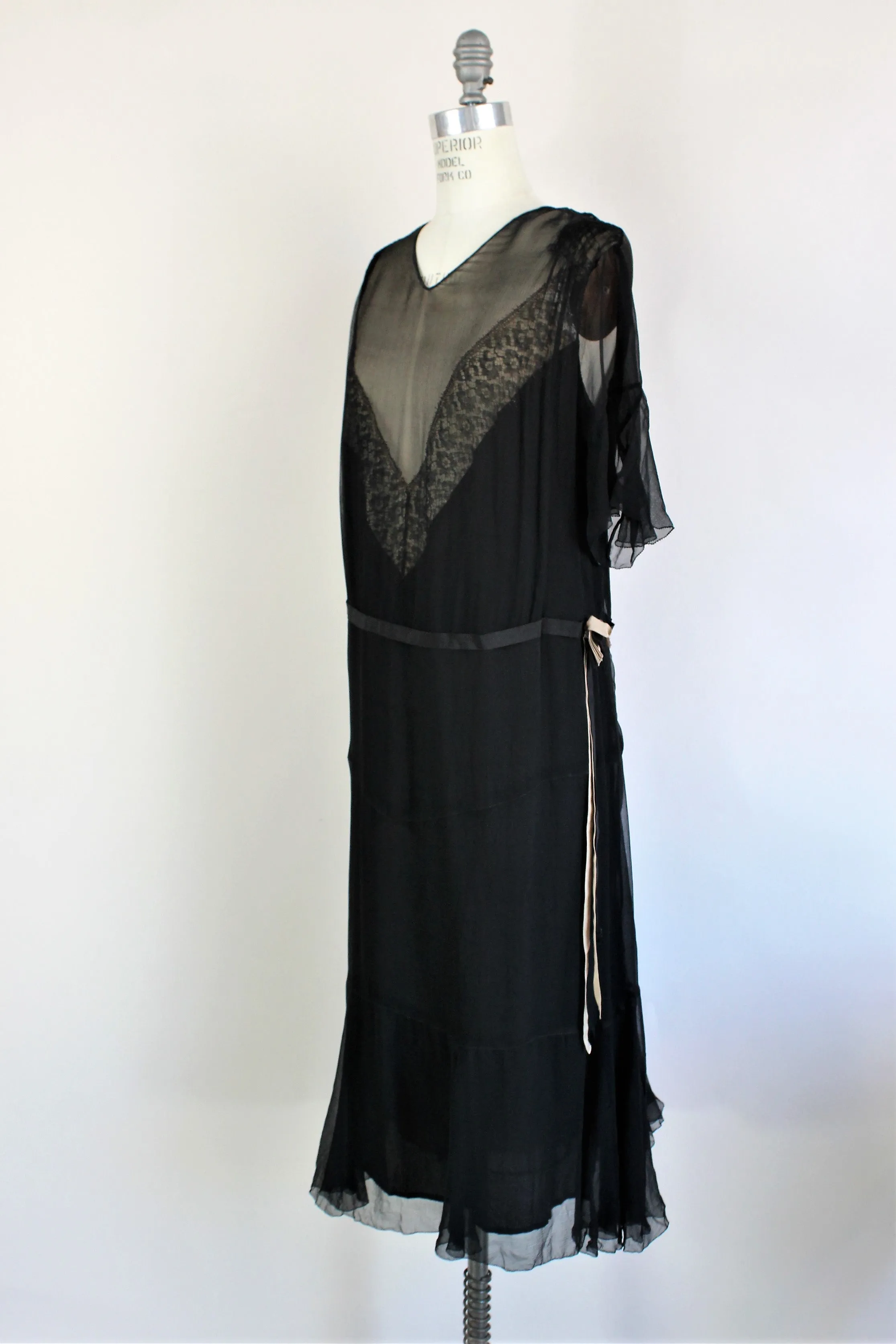 Vintage 1920s Black Silk Chiffon Dress