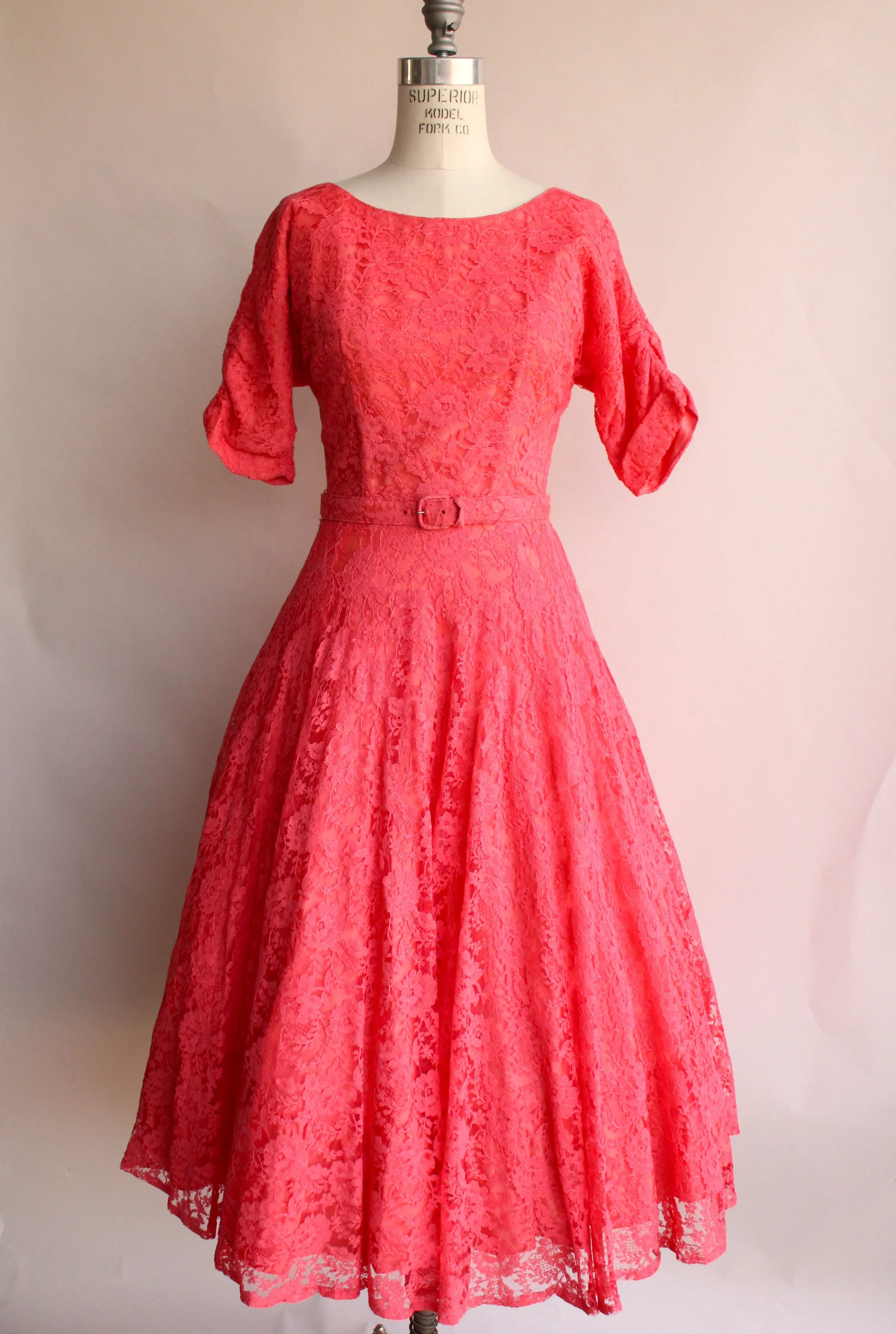 Vintage 1940s 1950s Pink Lace Dress With Belt by Jack Kopp