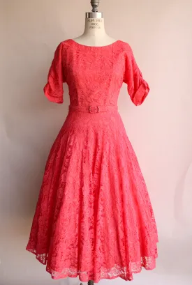 Vintage 1940s 1950s Pink Lace Dress With Belt by Jack Kopp