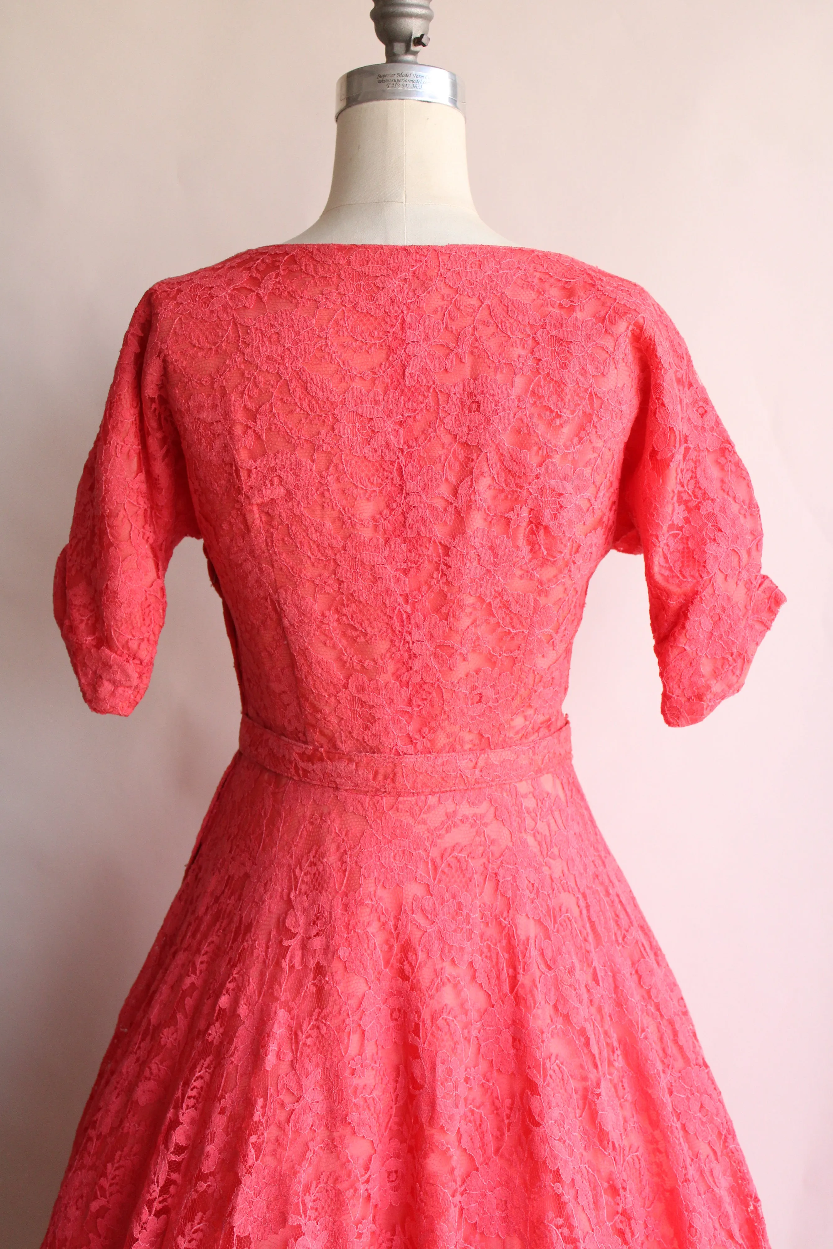 Vintage 1940s 1950s Pink Lace Dress With Belt by Jack Kopp