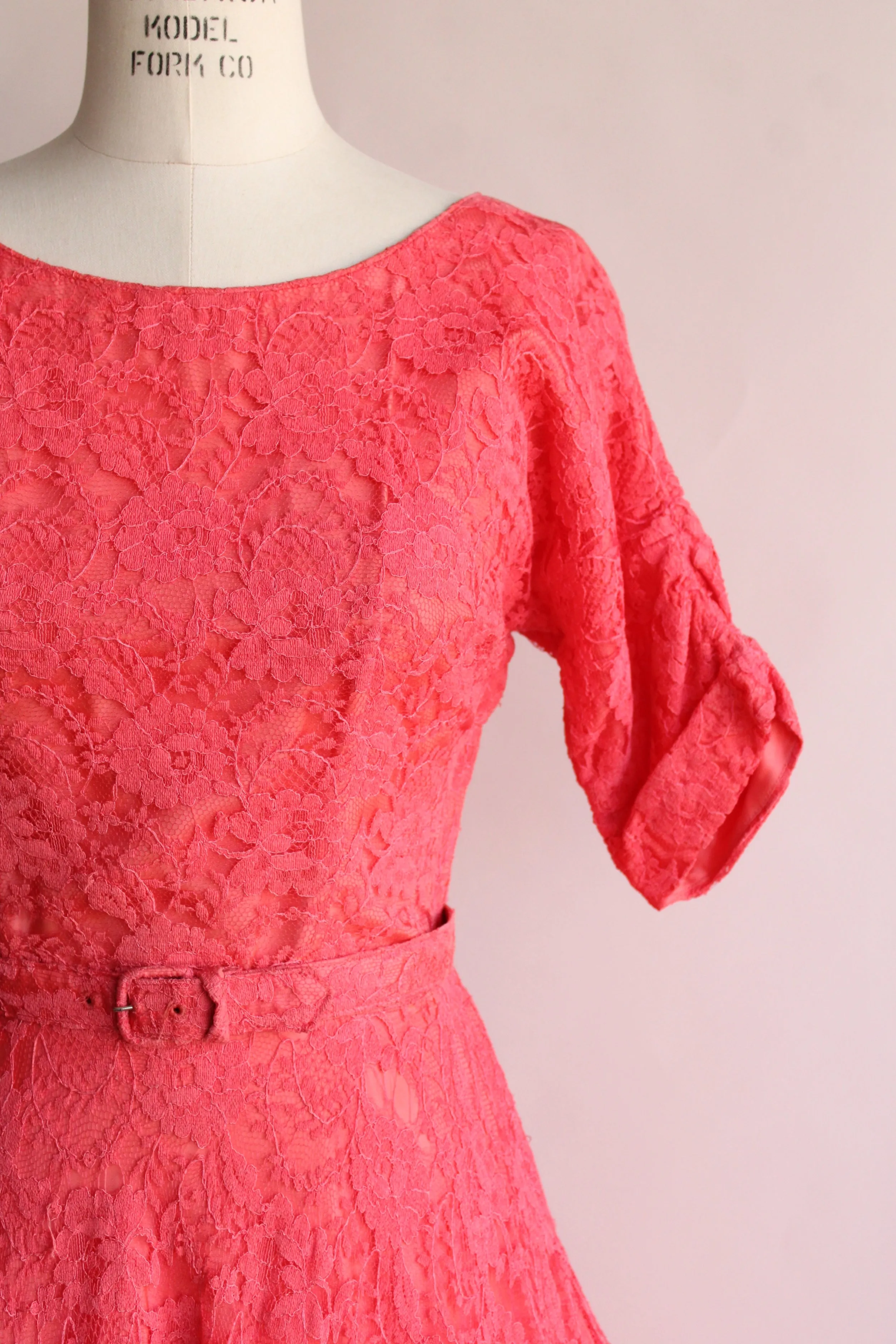 Vintage 1940s 1950s Pink Lace Dress With Belt by Jack Kopp