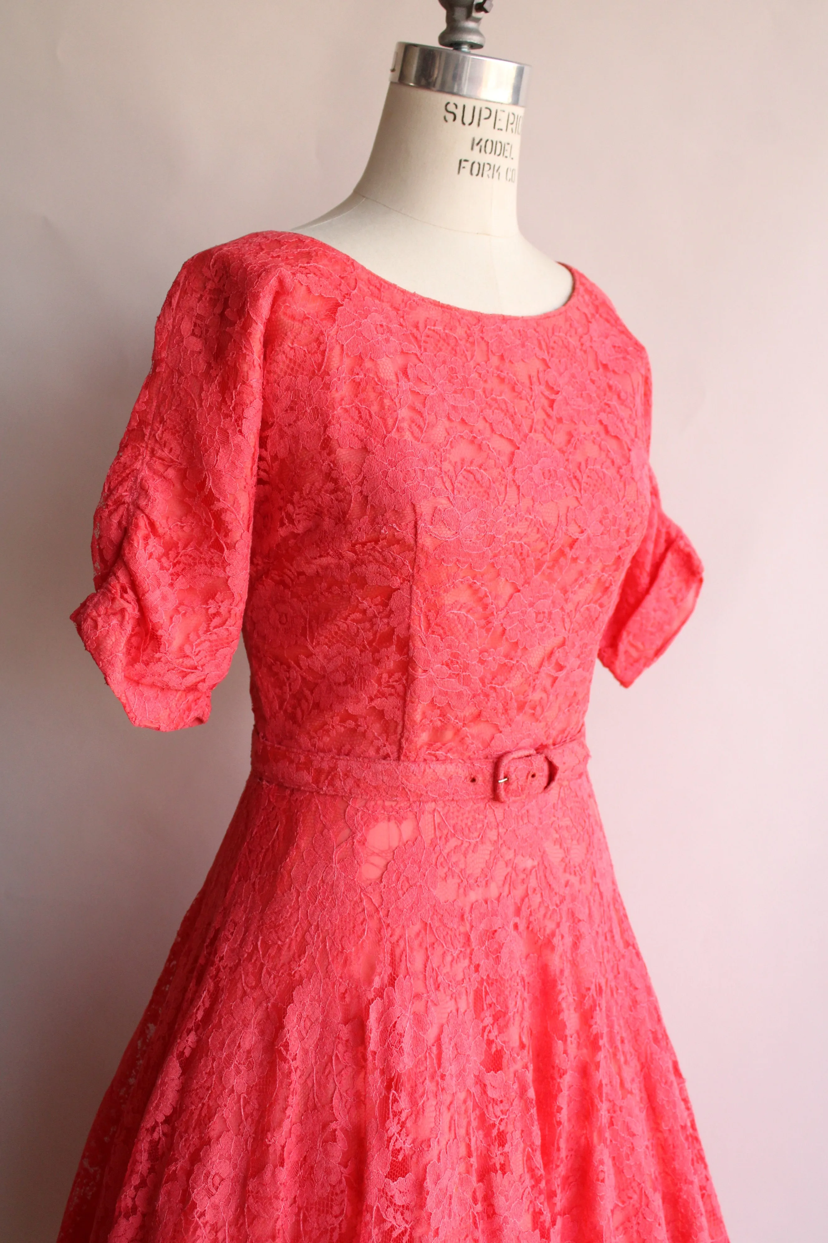 Vintage 1940s 1950s Pink Lace Dress With Belt by Jack Kopp