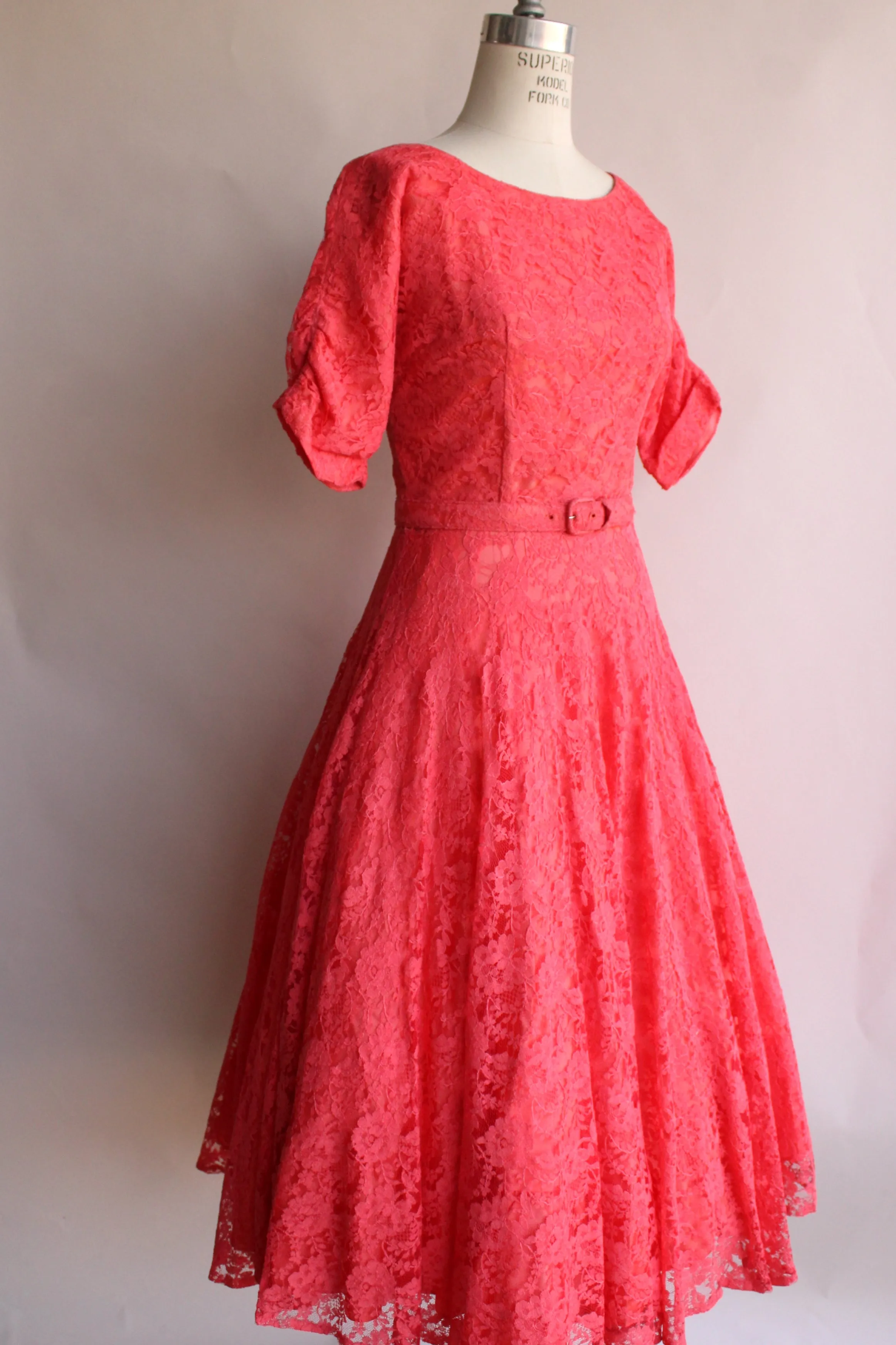 Vintage 1940s 1950s Pink Lace Dress With Belt by Jack Kopp