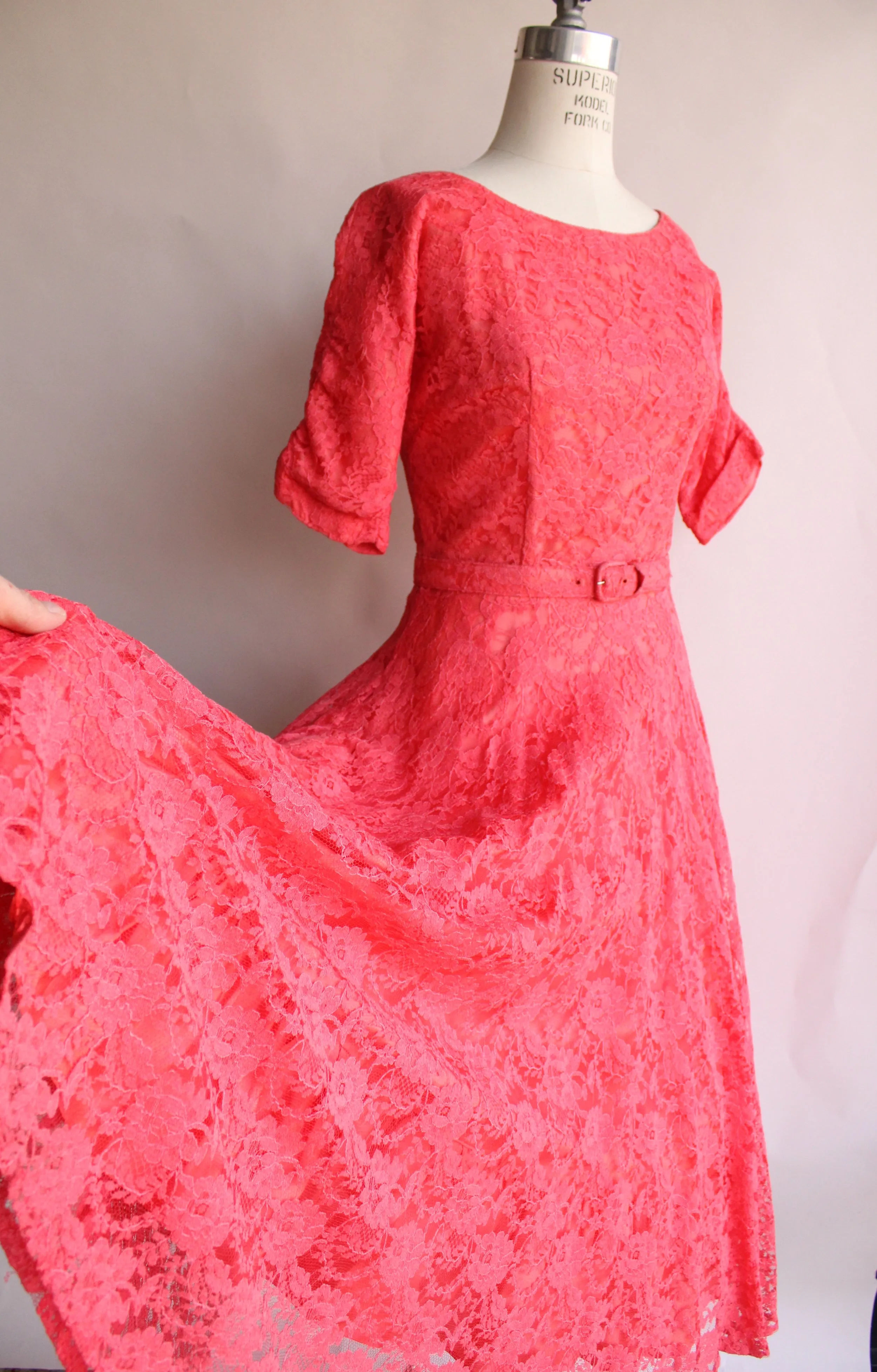 Vintage 1940s 1950s Pink Lace Dress With Belt by Jack Kopp