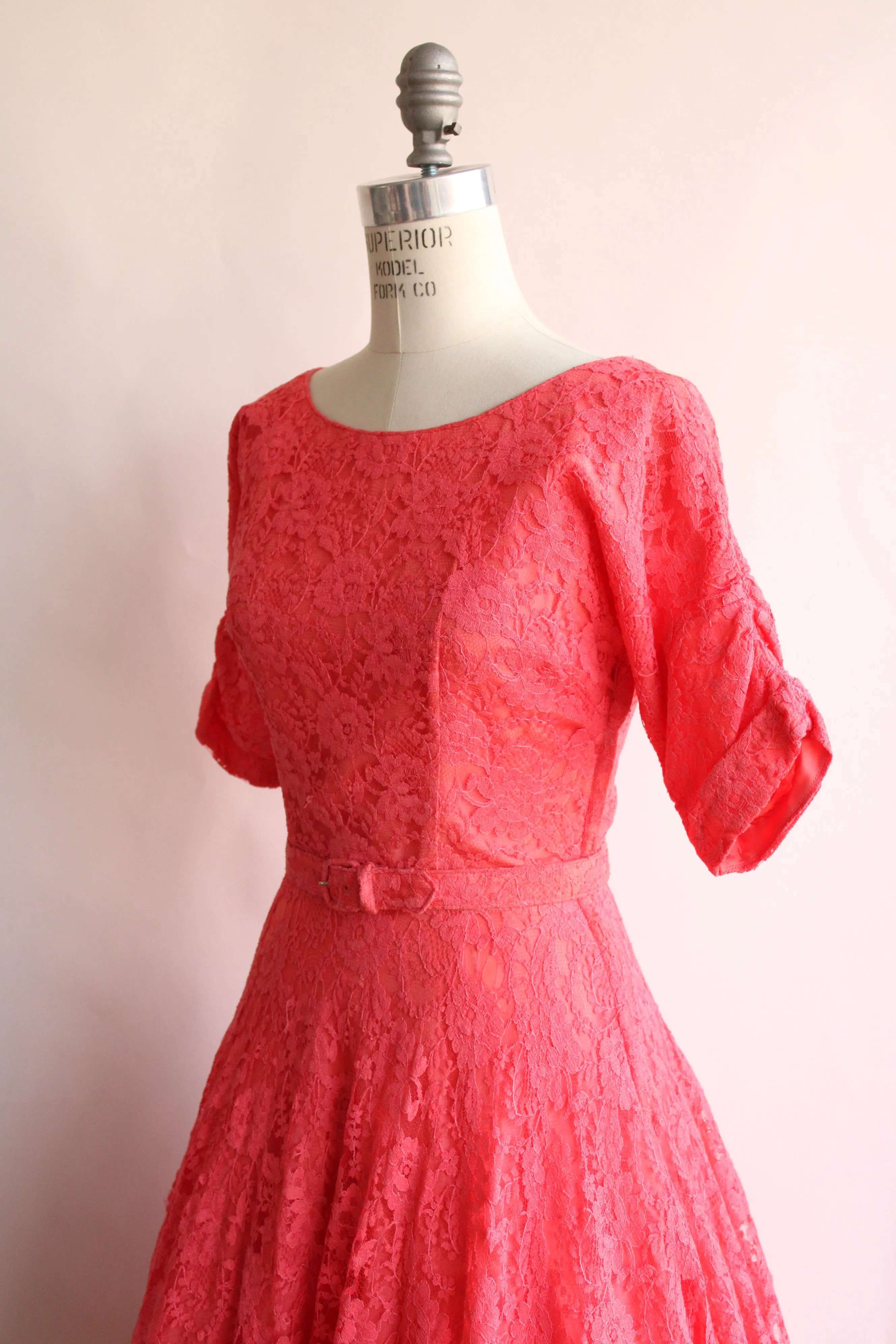 Vintage 1940s 1950s Pink Lace Dress With Belt by Jack Kopp