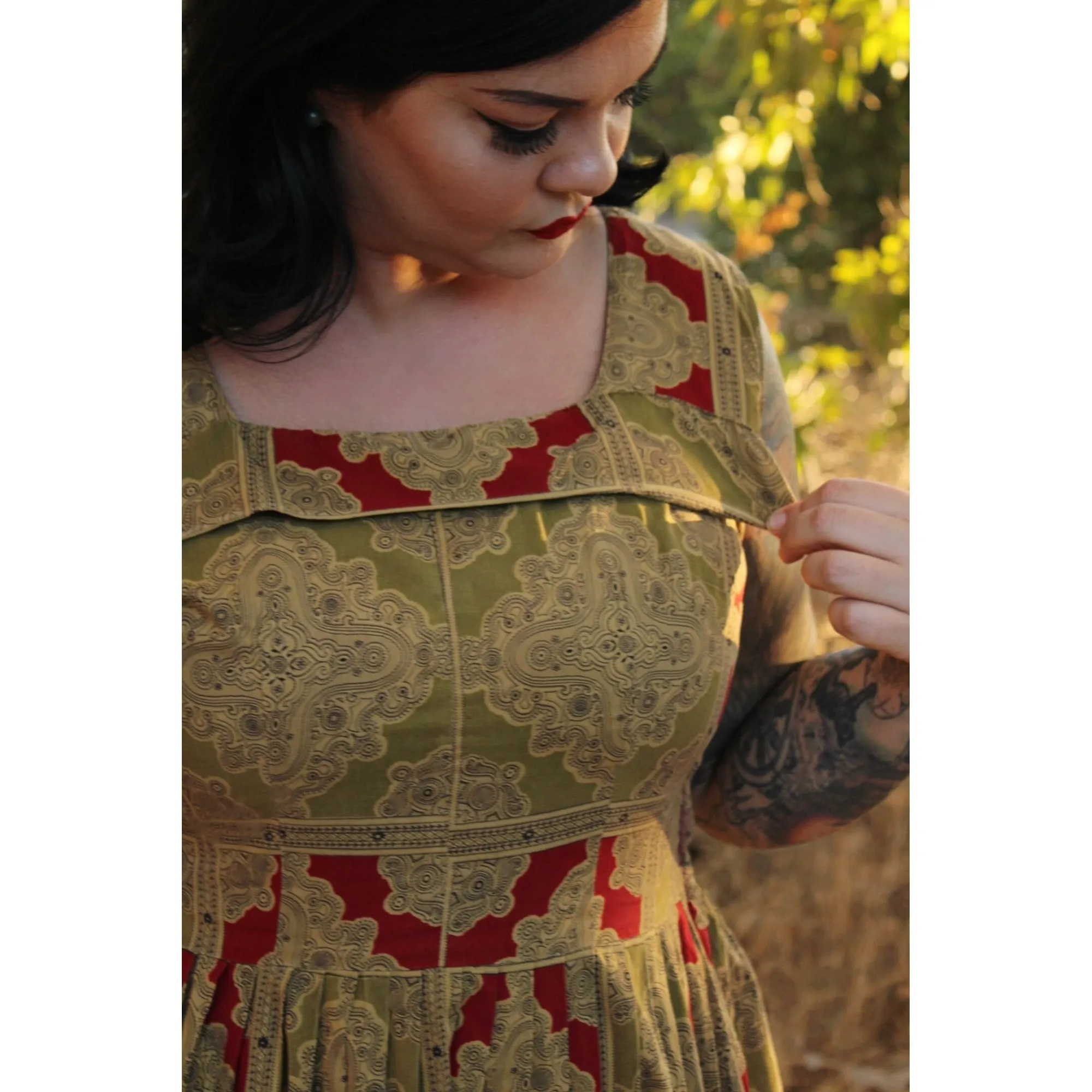 Vintage 1950s Red and Gold Cotton Fit and Flare Dress