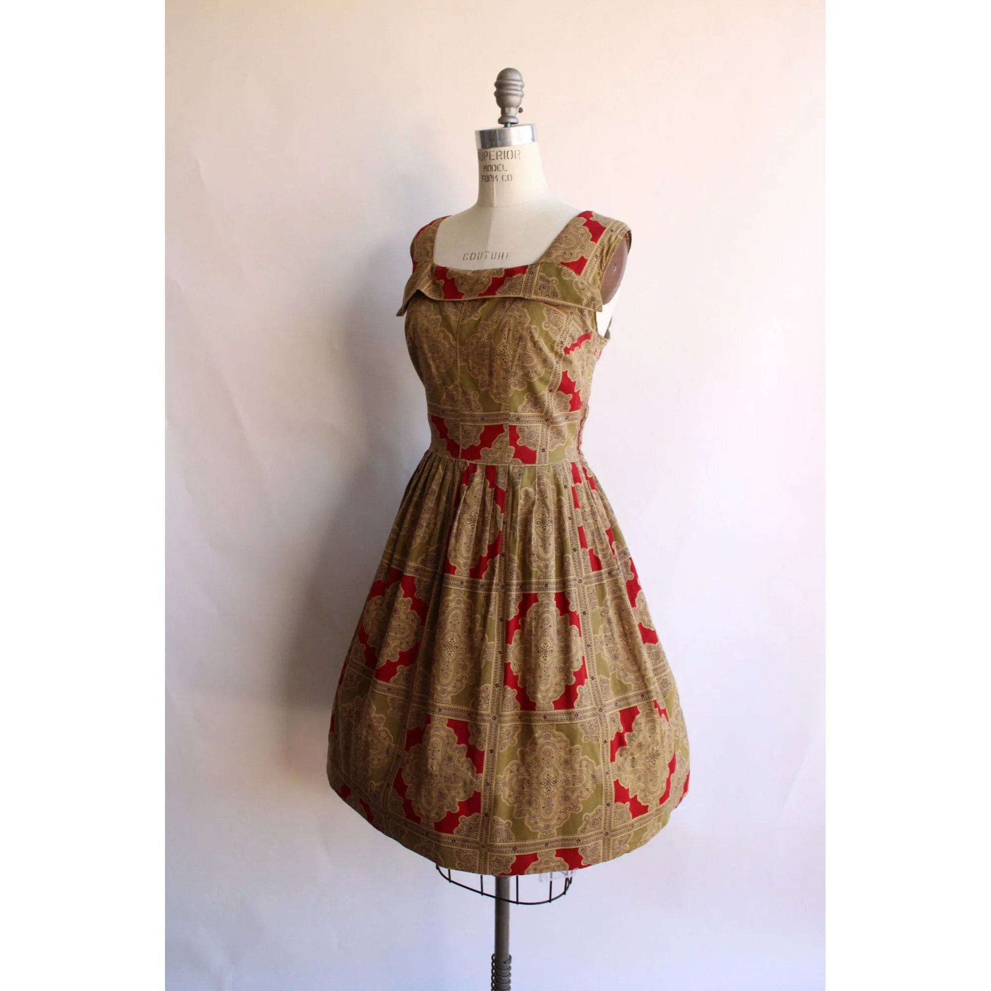 Vintage 1950s Red and Gold Cotton Fit and Flare Dress