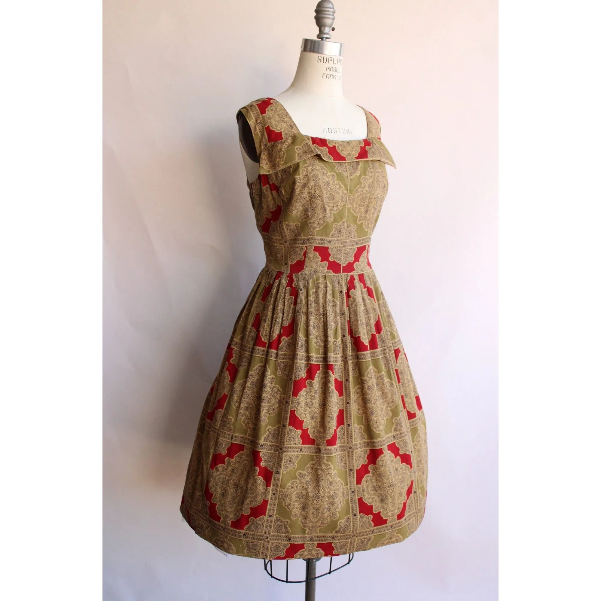 Vintage 1950s Red and Gold Cotton Fit and Flare Dress