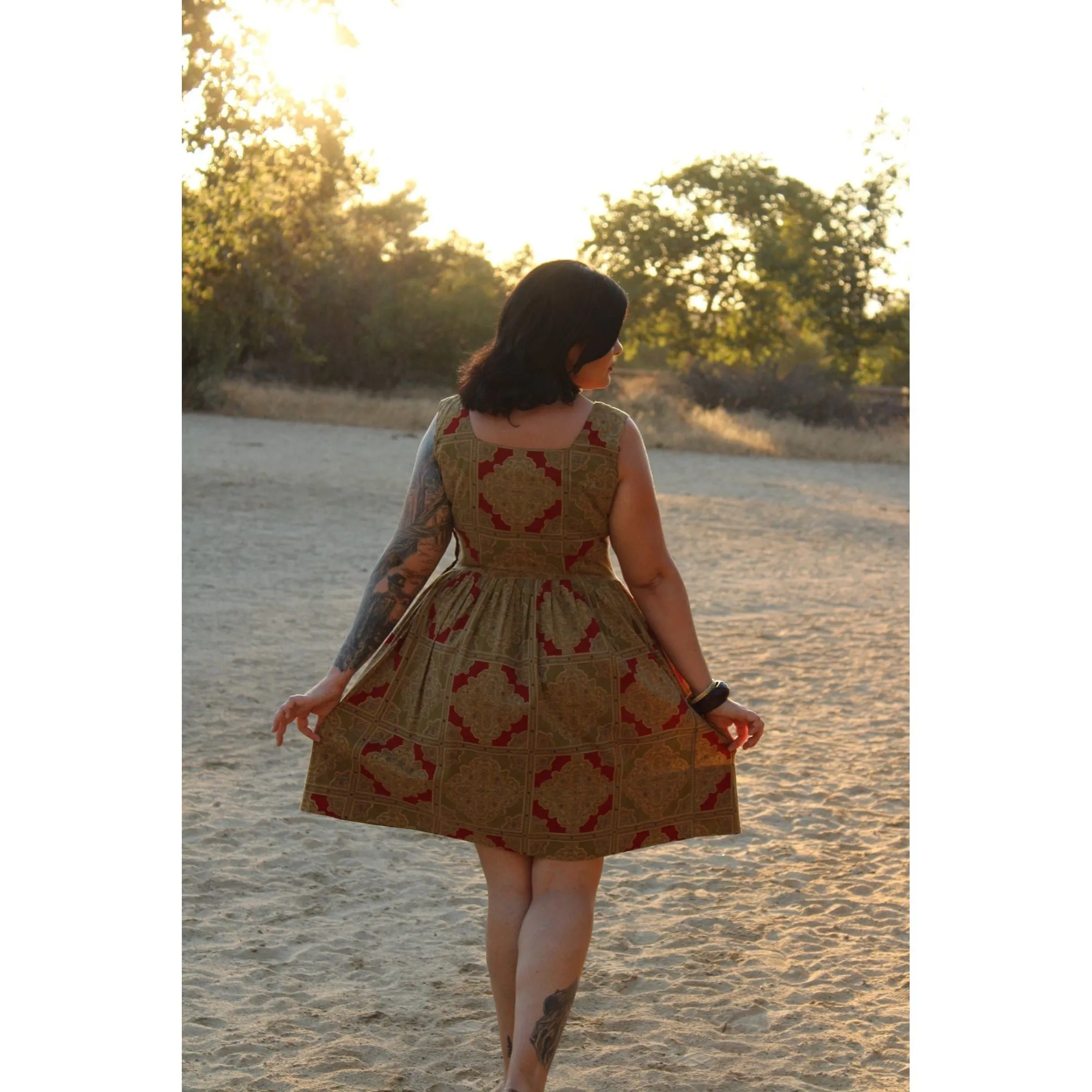 Vintage 1950s Red and Gold Cotton Fit and Flare Dress