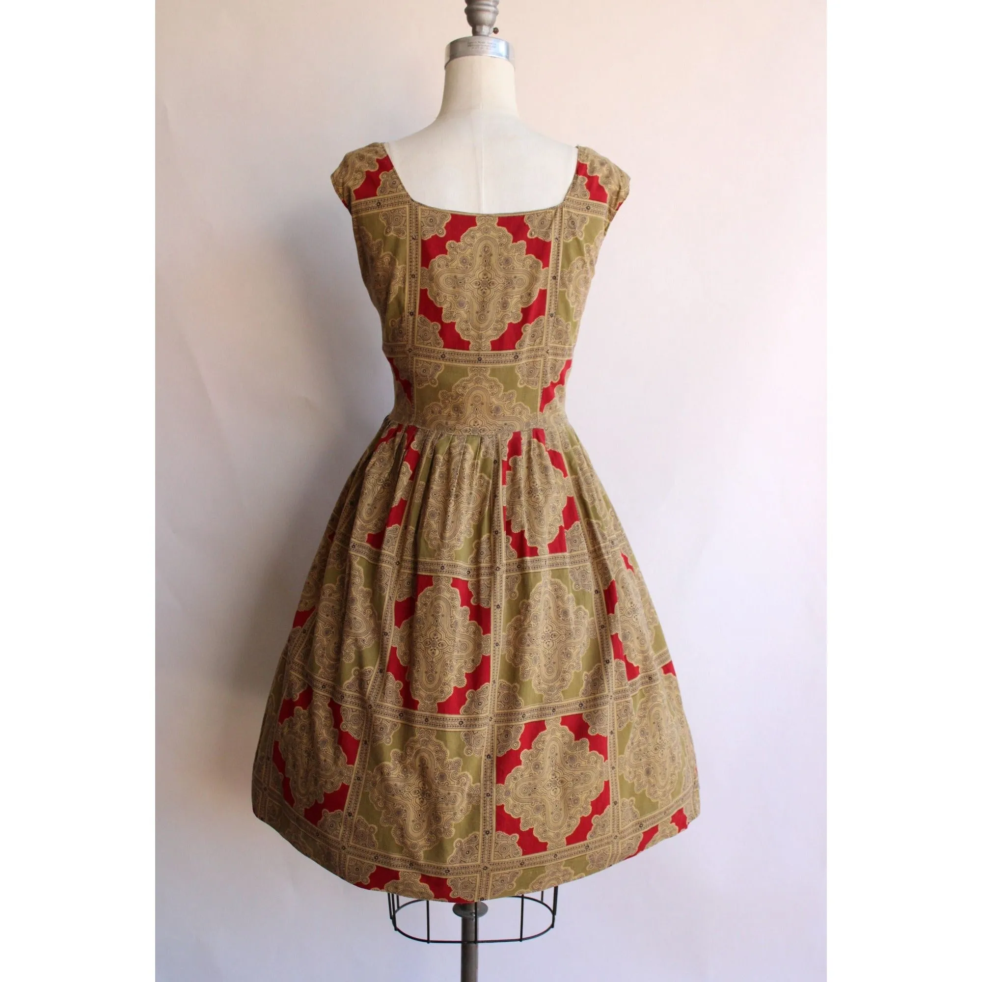 Vintage 1950s Red and Gold Cotton Fit and Flare Dress