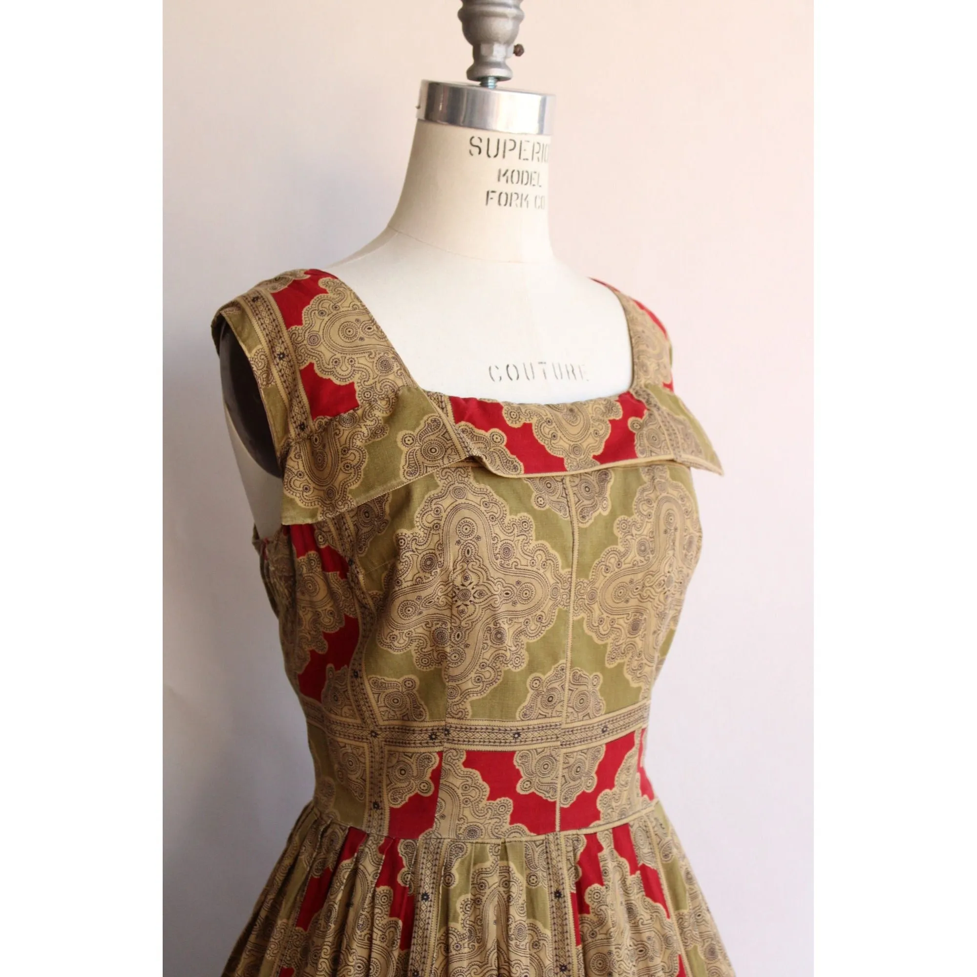 Vintage 1950s Red and Gold Cotton Fit and Flare Dress