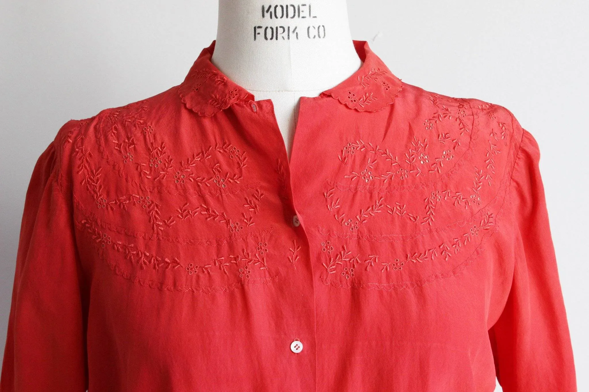 Vintage 1950s Red Silk Embroidered Blouse