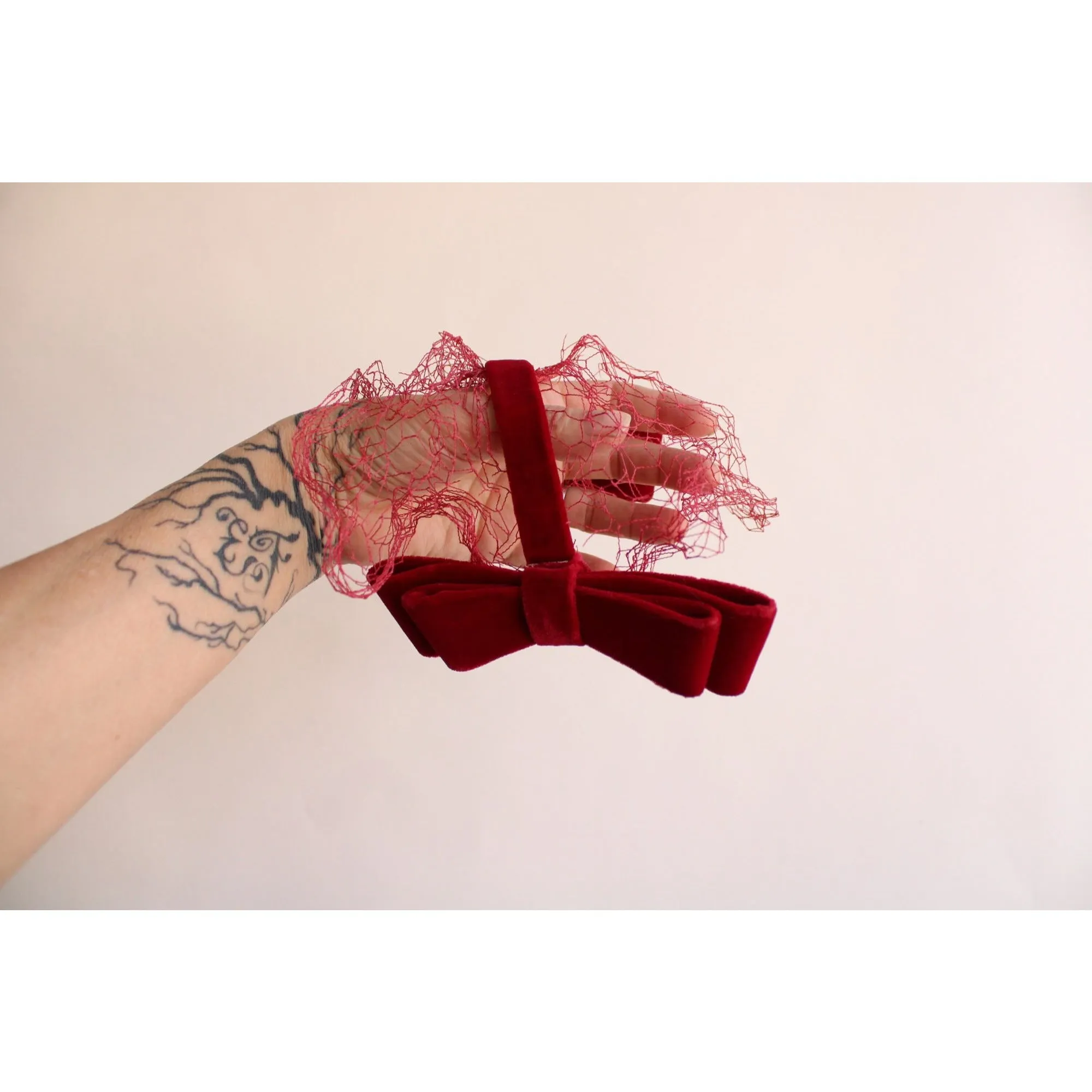 Vintage 1950s Red Velvet Fascinator Bows With Veil
