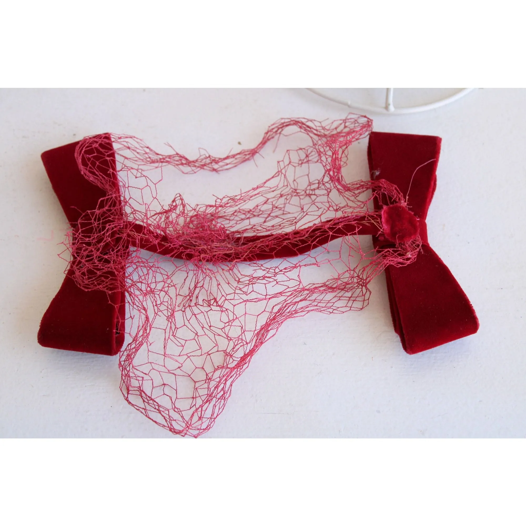 Vintage 1950s Red Velvet Fascinator Bows With Veil