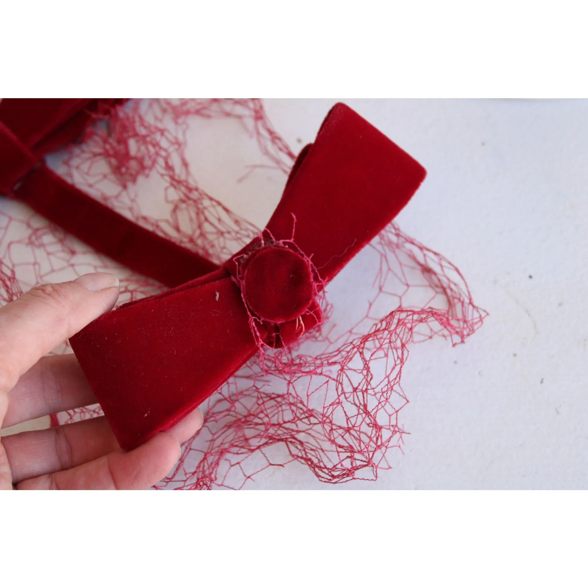Vintage 1950s Red Velvet Fascinator Bows With Veil