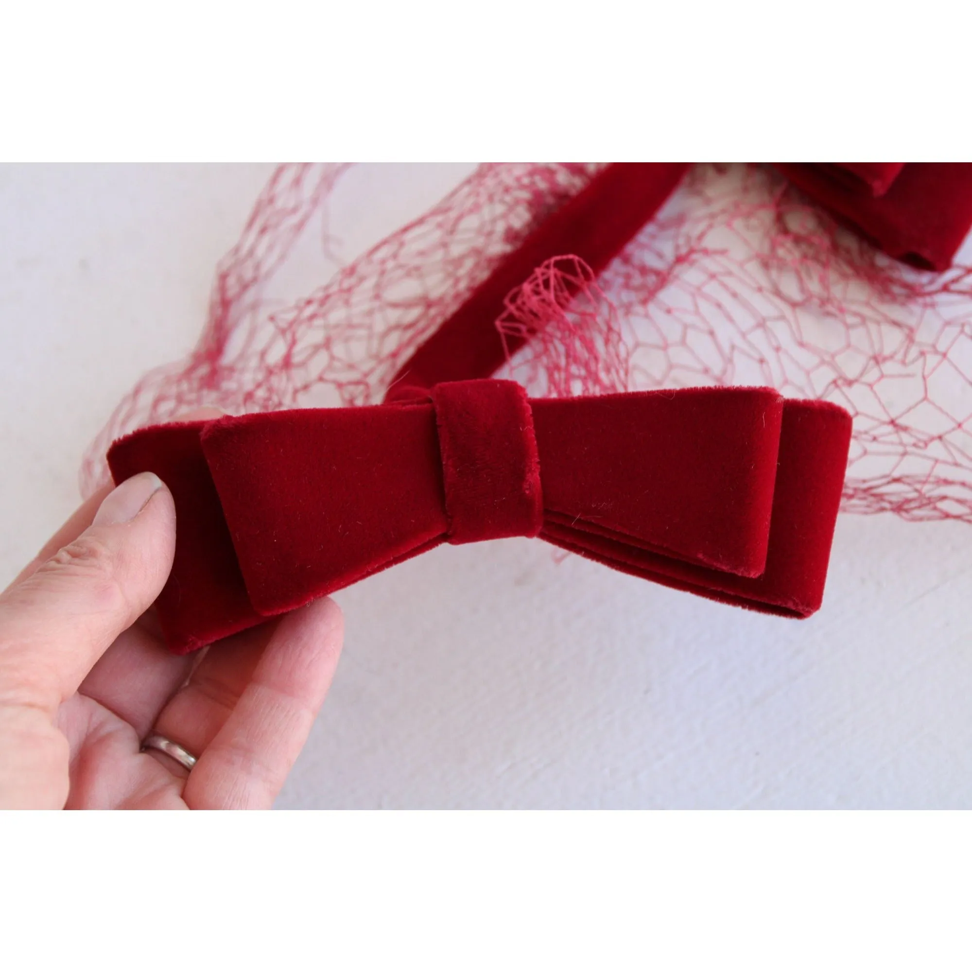 Vintage 1950s Red Velvet Fascinator Bows With Veil