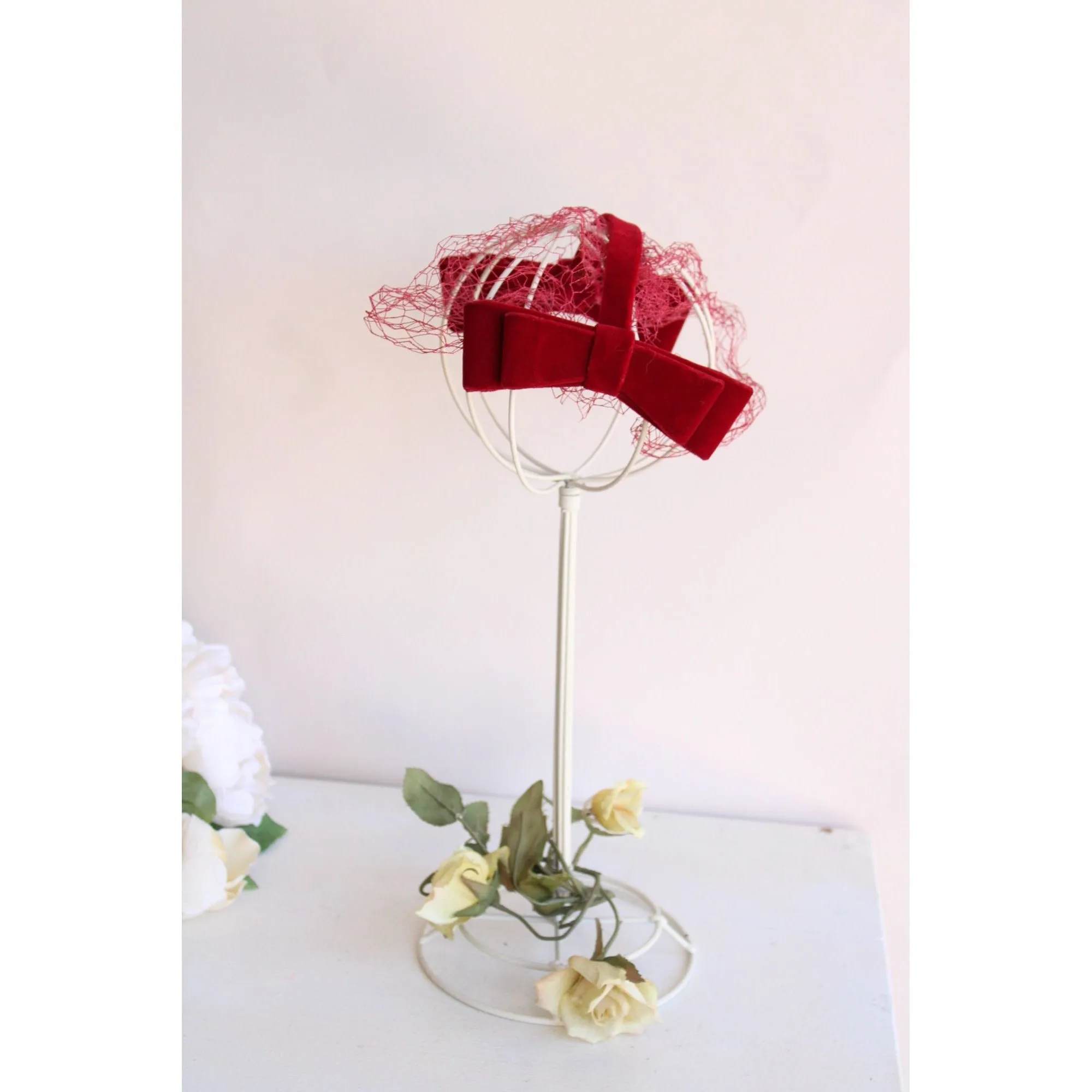 Vintage 1950s Red Velvet Fascinator Bows With Veil