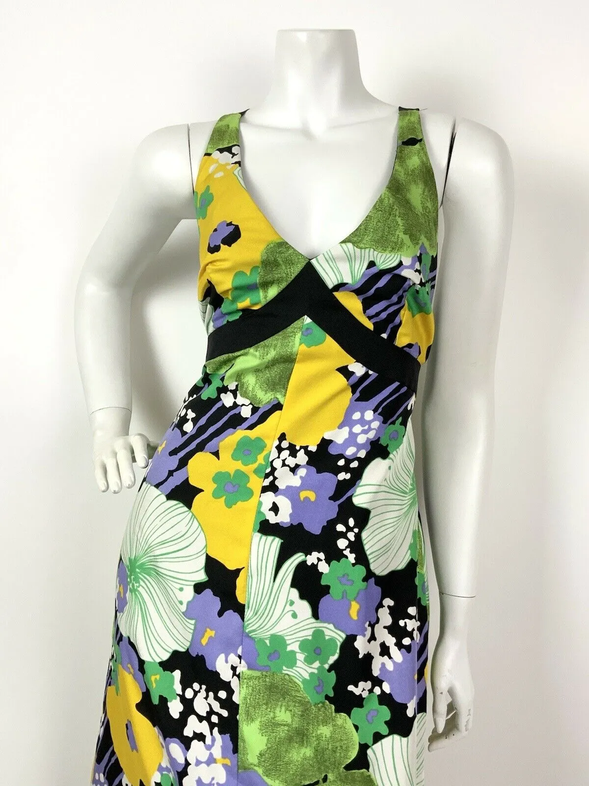 VINTAGE 60s 70s BLACK GREEN YELLOW LILAC FLORAL PSYCHEDELIC MAXI DRESS 10 12