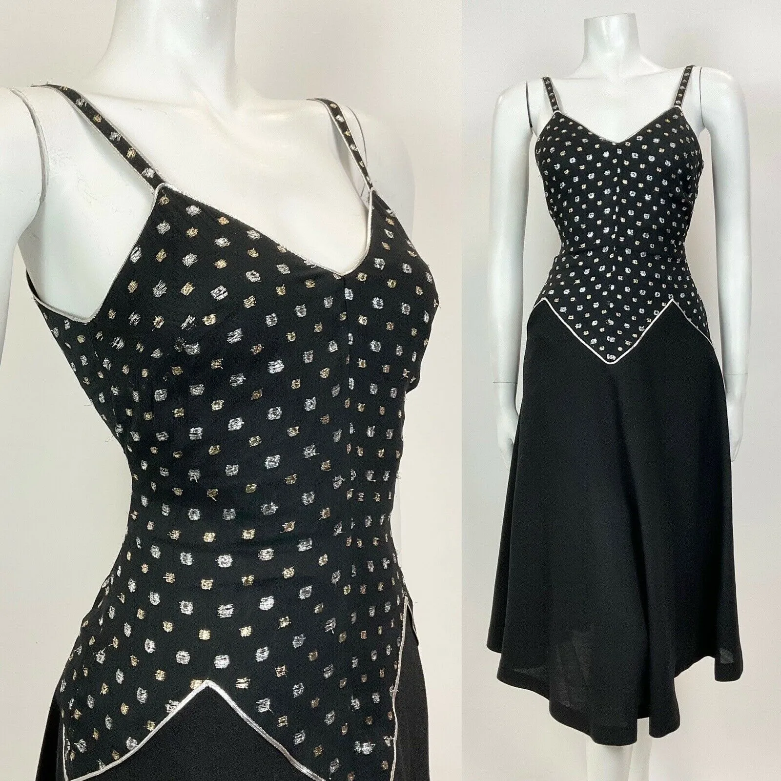VINTAGE 60s 70s BLACK SILVER GOLD DOTTY DISCO STUDIO 54 STRAPPY SWING DRESS 10