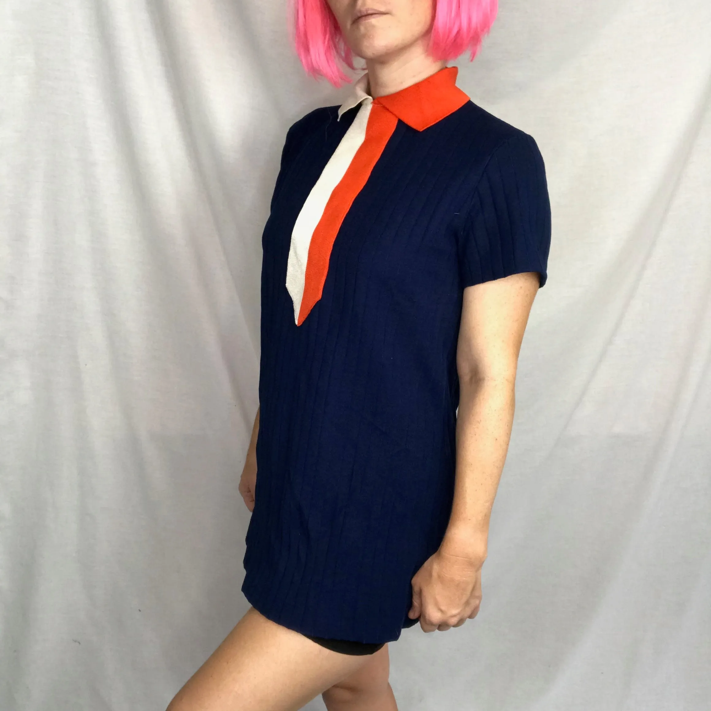 Vintage 60s Navy GoGo MOD Space Age Scooter Groovy Twiggy Top or Mini dress | M