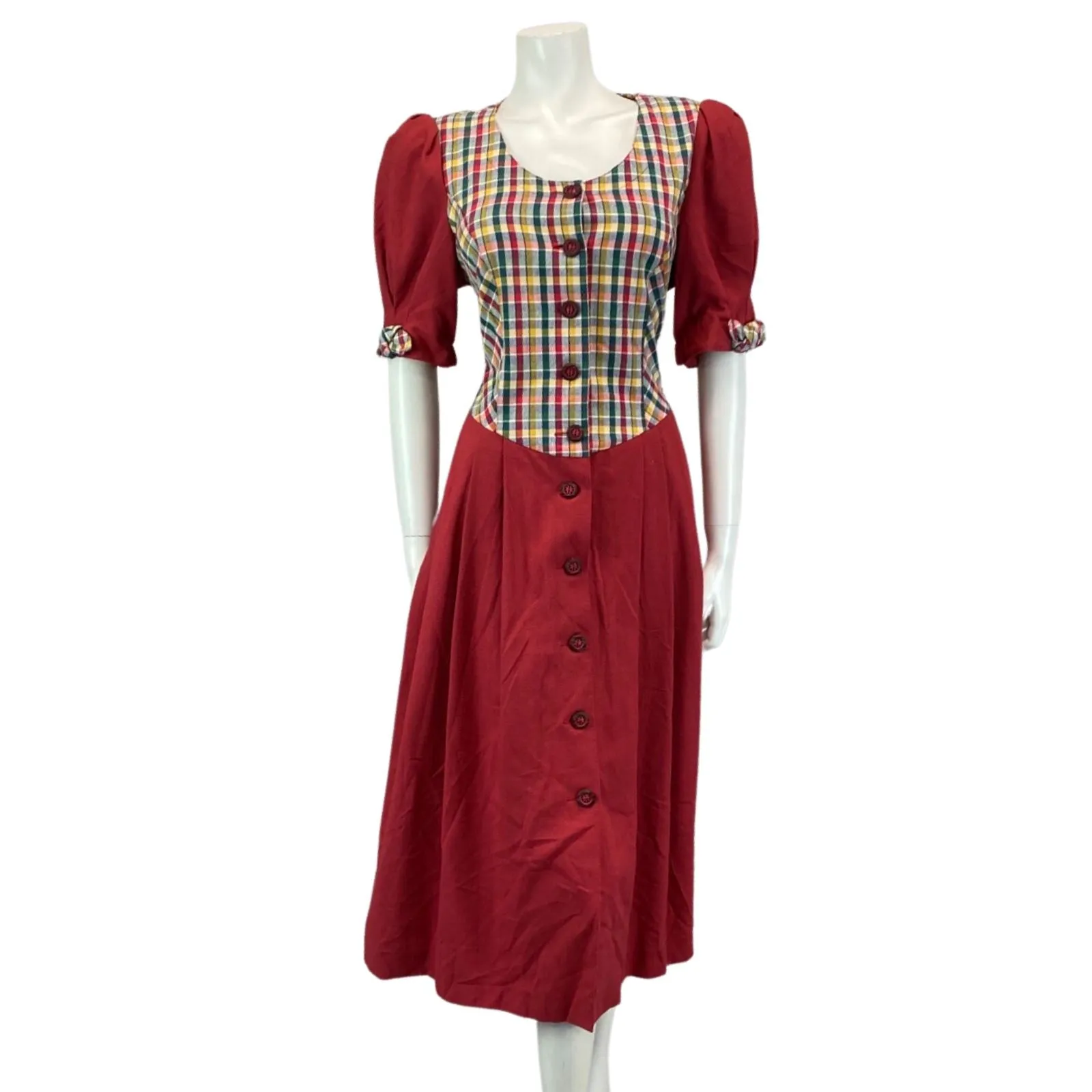 Vintage 80s 90s Red Authentic Tyrolean Dirndl Short Sleeve Check Midi Dress M/L