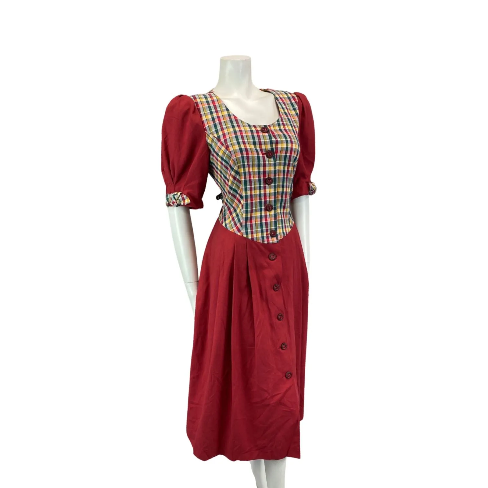 Vintage 80s 90s Red Authentic Tyrolean Dirndl Short Sleeve Check Midi Dress M/L