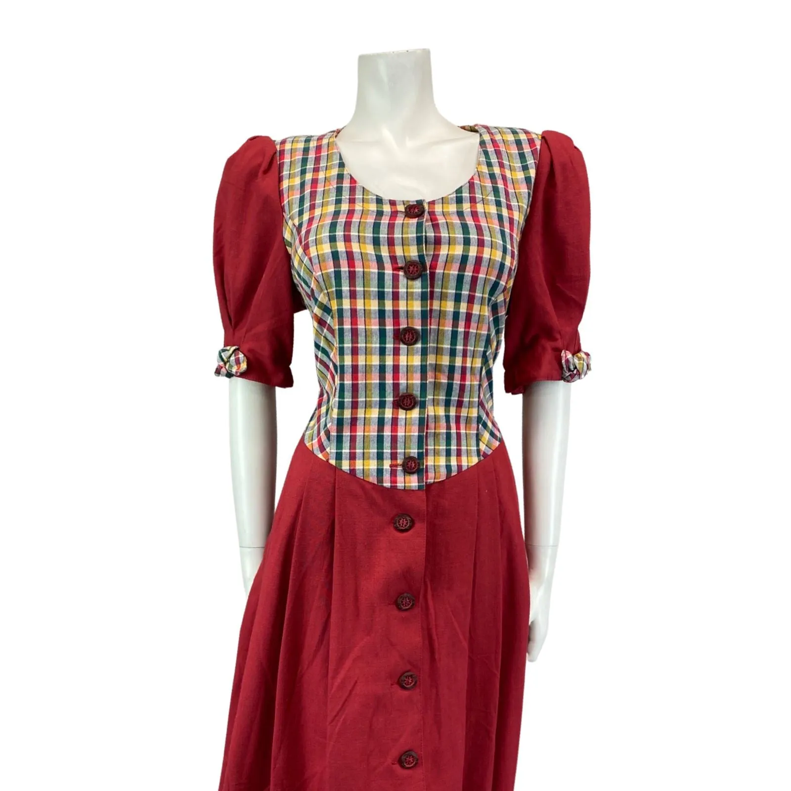 Vintage 80s 90s Red Authentic Tyrolean Dirndl Short Sleeve Check Midi Dress M/L