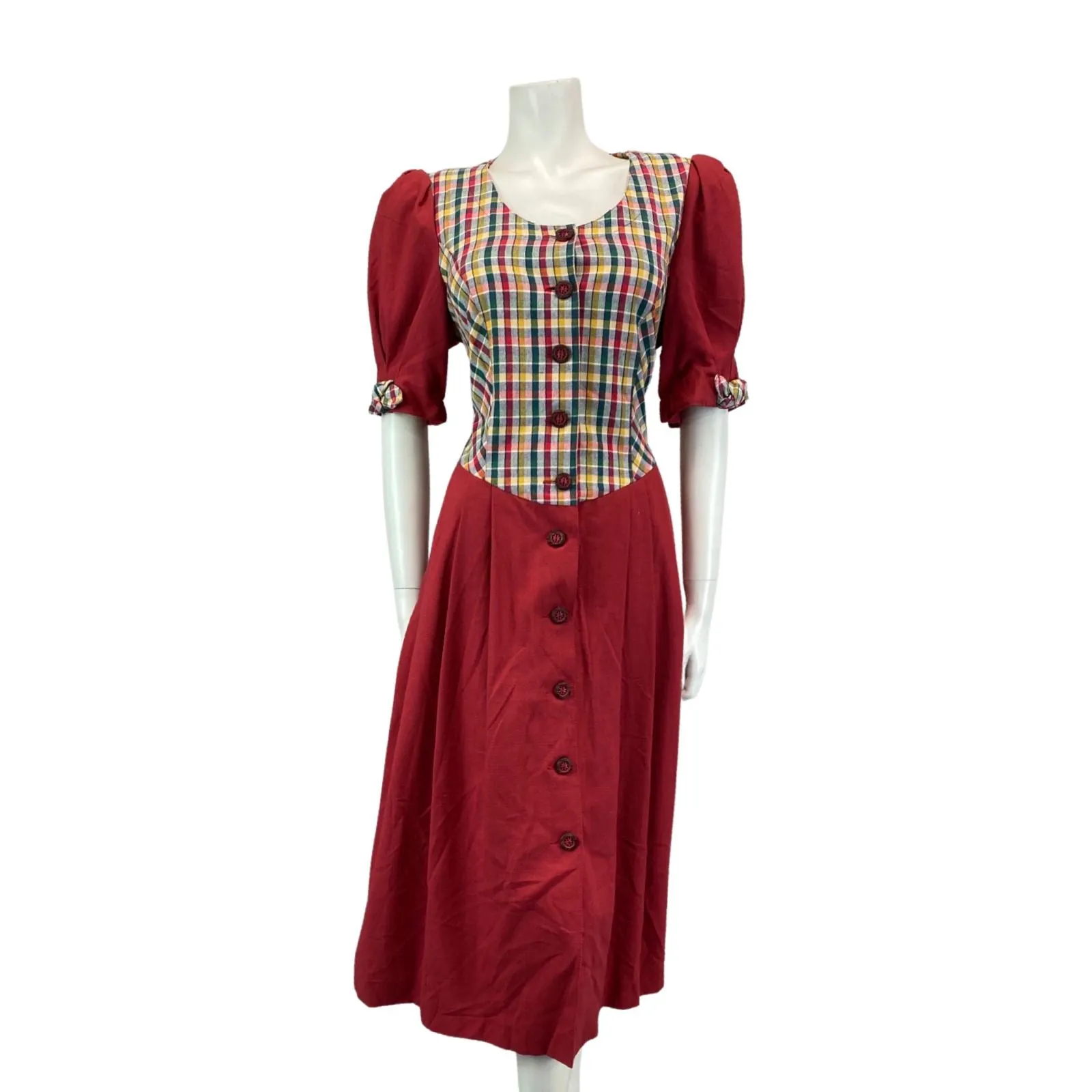 Vintage 80s 90s Red Authentic Tyrolean Dirndl Short Sleeve Check Midi Dress M/L
