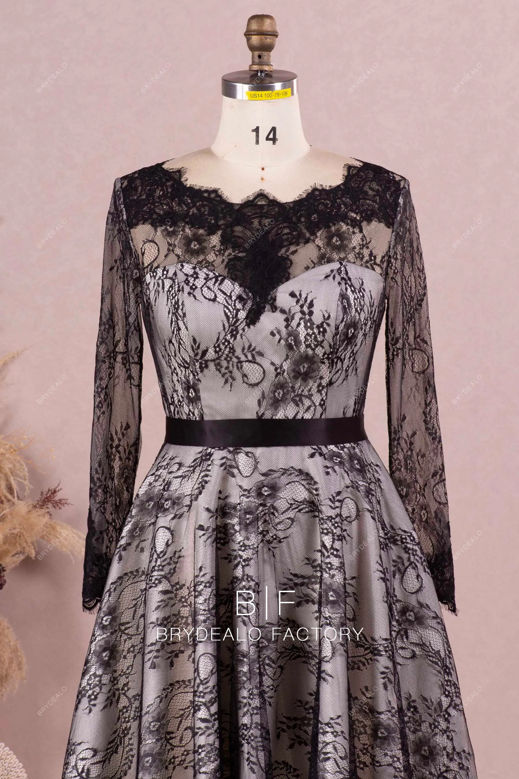 Vintage Black Lace Long Sash A-line Short Casual Bridal Dress