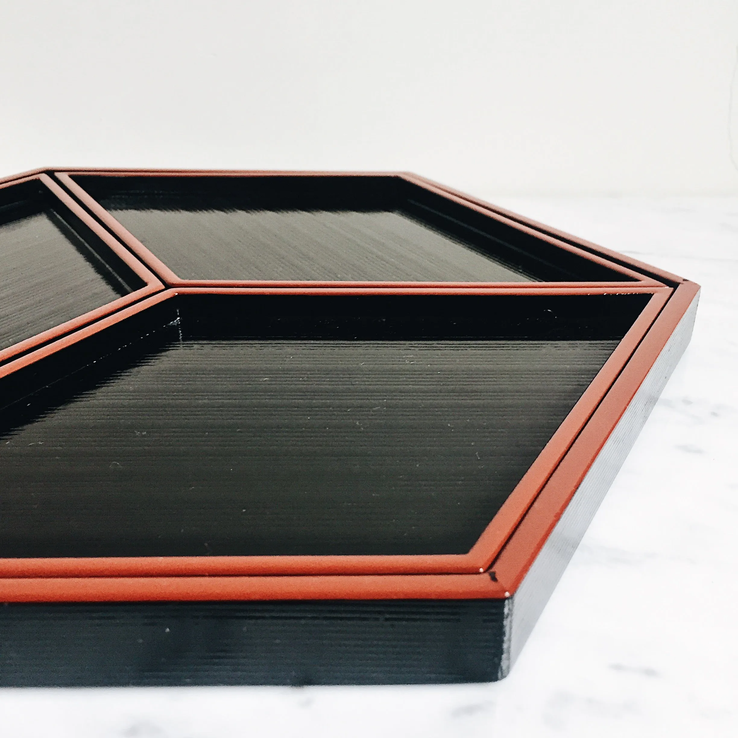 Vintage Black Lacquer Hexagonal Nested Tray