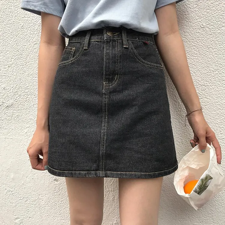 Vintage Black Navy Blue Denim High Waist Mini Skirt