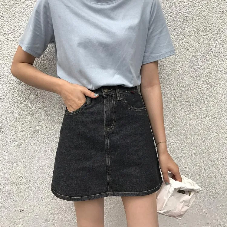Vintage Black Navy Blue Denim High Waist Mini Skirt