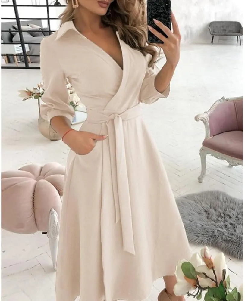 Vintage Deep V Neck Long Sleeve Shirt Dress for Women Spring Casual Belted High Waisted Maxi Dress with Pockets