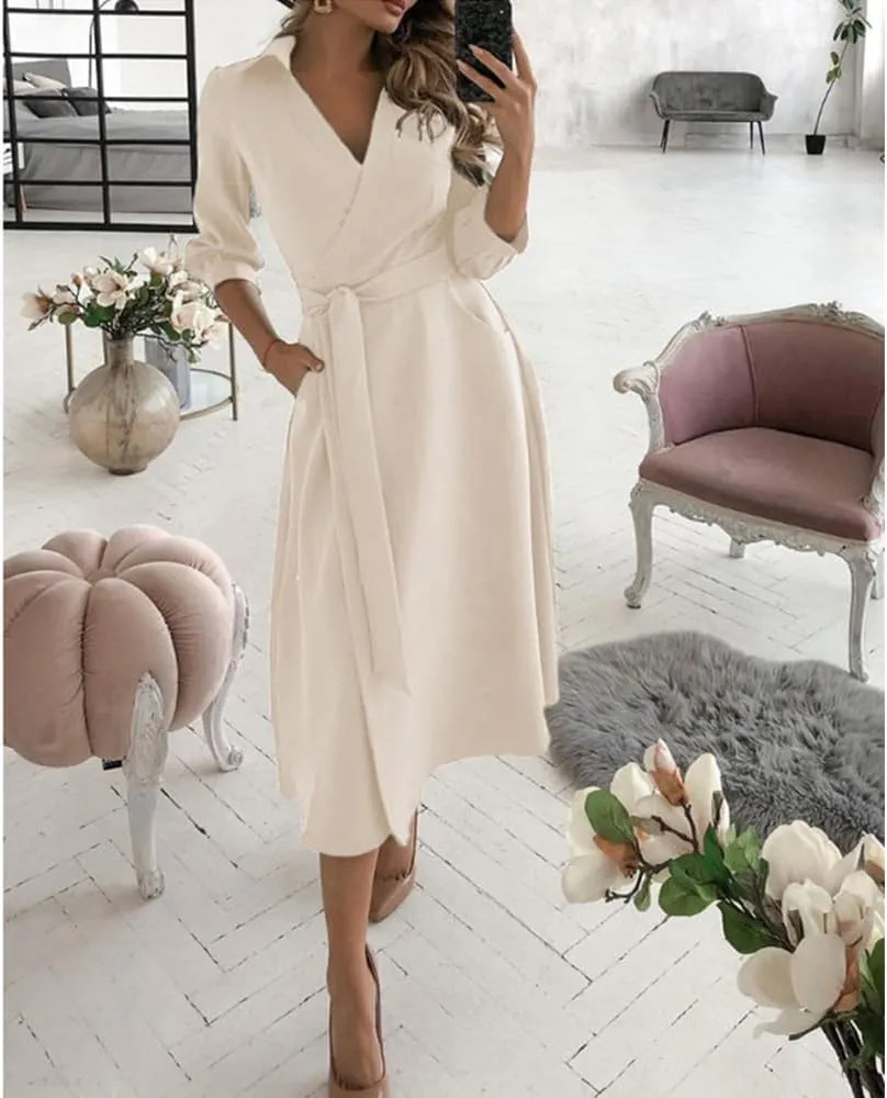 Vintage Deep V Neck Long Sleeve Shirt Dress for Women Spring Casual Belted High Waisted Maxi Dress with Pockets