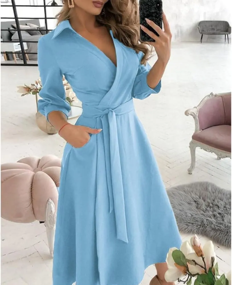 Vintage Deep V Neck Long Sleeve Shirt Dress for Women Spring Casual Belted High Waisted Maxi Dress with Pockets