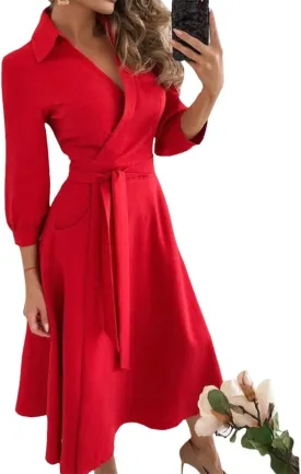 Vintage Deep V Neck Long Sleeve Shirt Dress for Women Spring Casual Belted High Waisted Maxi Dress with Pockets