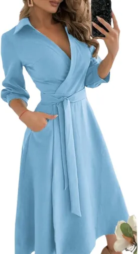 Vintage Deep V Neck Long Sleeve Shirt Dress for Women Spring Casual Belted High Waisted Maxi Dress with Pockets
