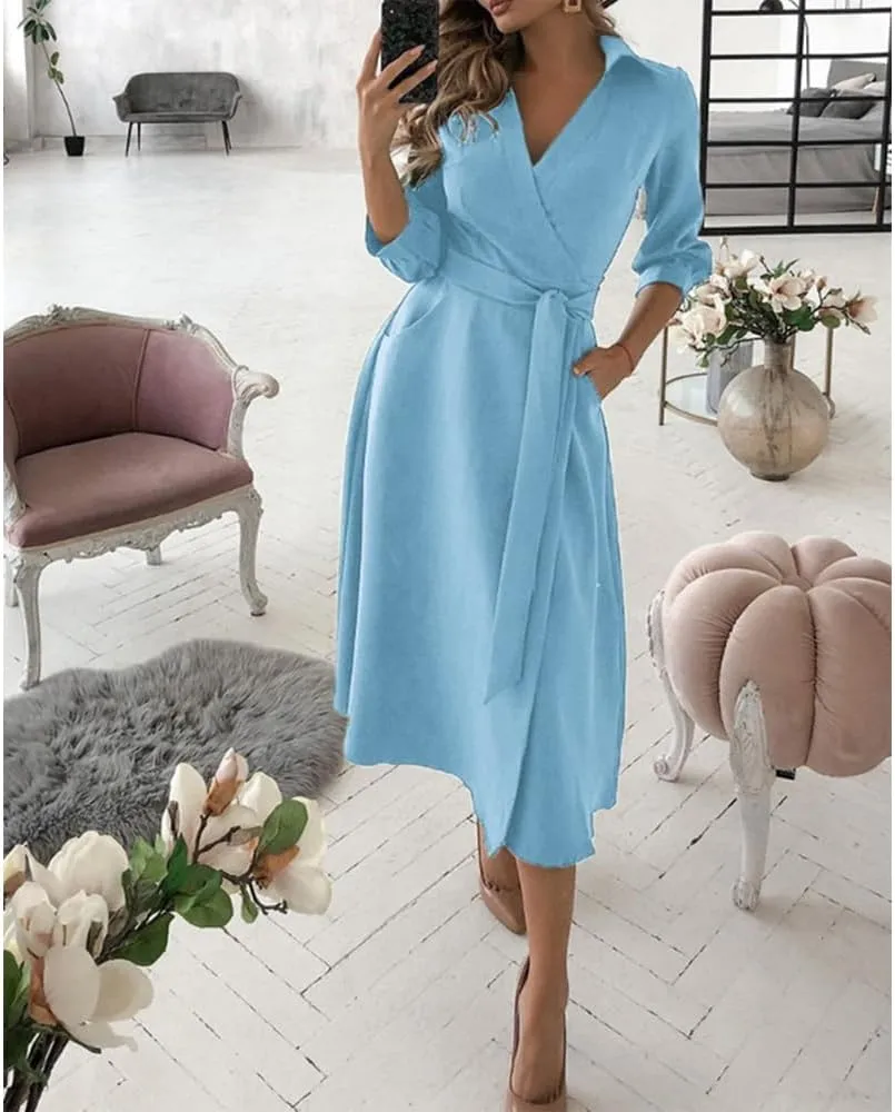 Vintage Deep V Neck Long Sleeve Shirt Dress for Women Spring Casual Belted High Waisted Maxi Dress with Pockets