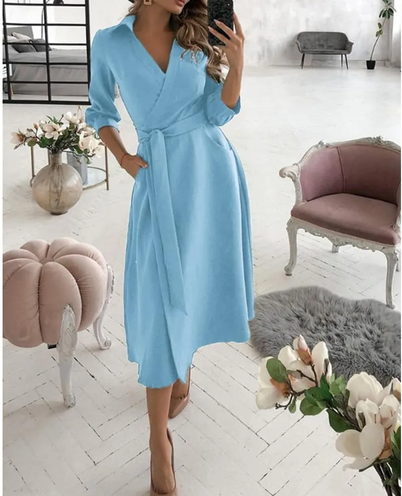 Vintage Deep V Neck Long Sleeve Shirt Dress for Women Spring Casual Belted High Waisted Maxi Dress with Pockets