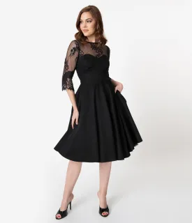 Vintage Diva 1950s Black Cotton & Lace Julia Swing Dress