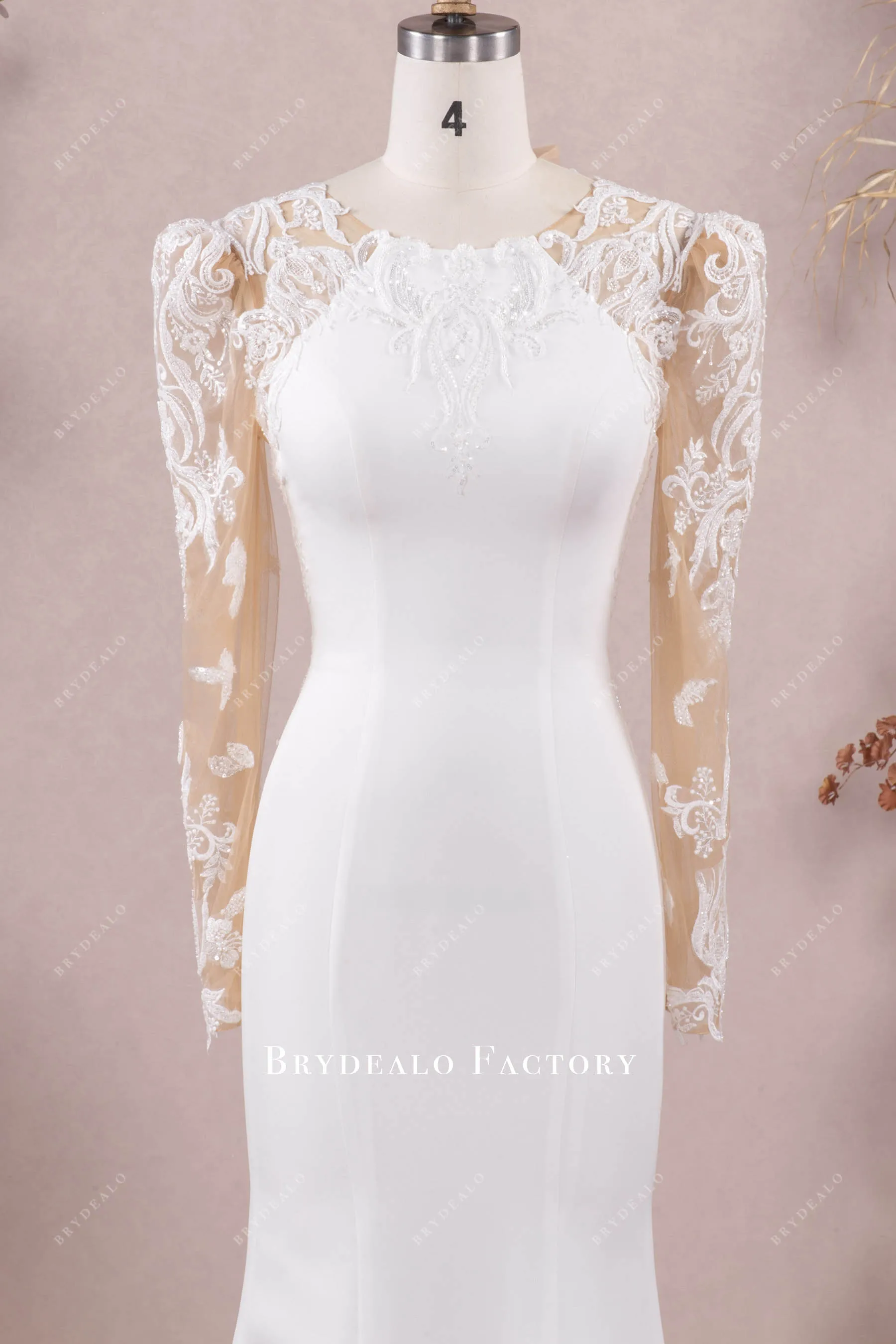 Vintage Lace Raglan Sleeves Crepe Mermaid Long Wedding Dress