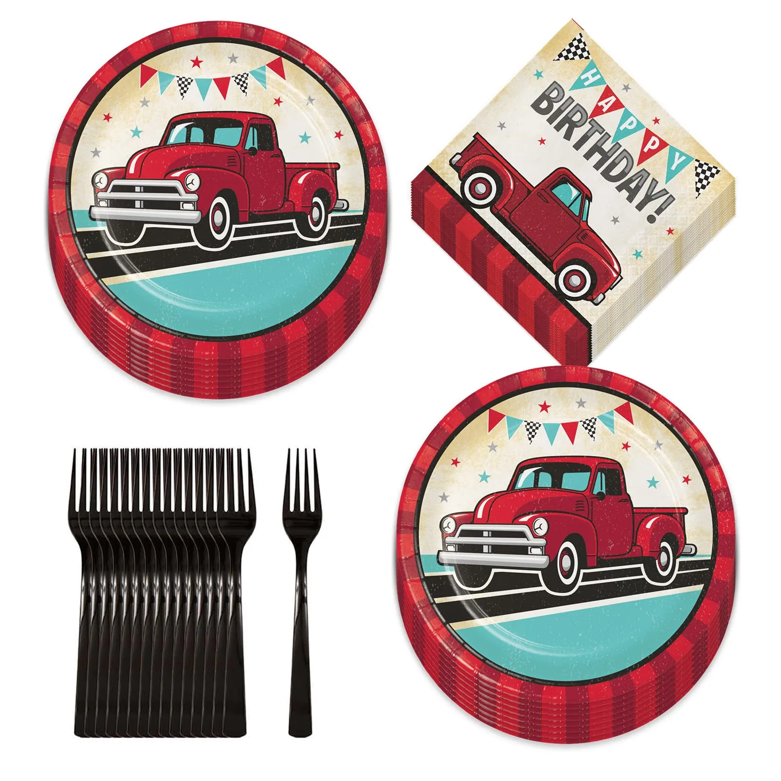 Vintage Red Truck Party - Classic Red Pickup & Old Pump Station Paper Dinner Plates, Birthday Luncheon Napkins, and Forks (Serves 16)