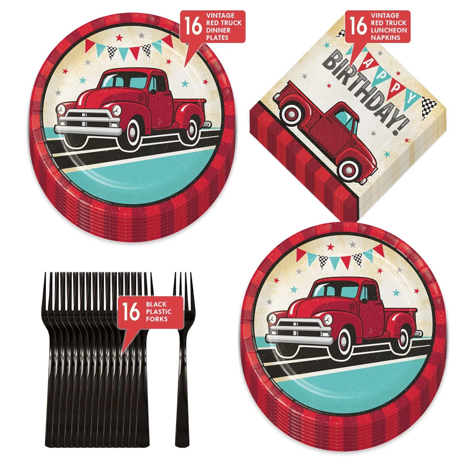 Vintage Red Truck Party - Classic Red Pickup & Old Pump Station Paper Dinner Plates, Birthday Luncheon Napkins, and Forks (Serves 16)