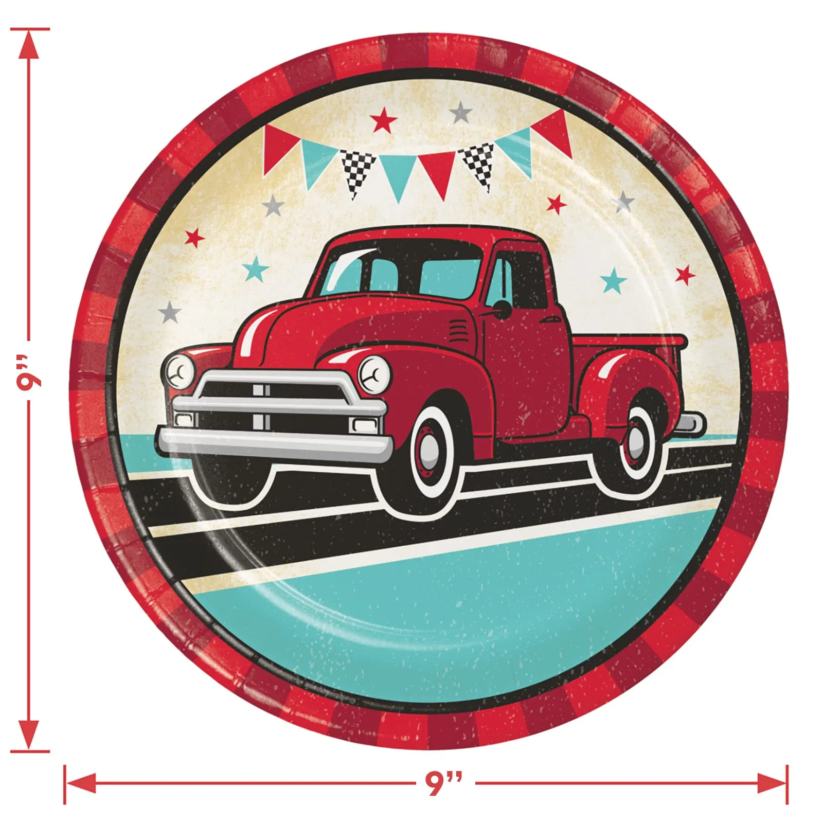 Vintage Red Truck Party - Classic Red Pickup & Old Pump Station Paper Dinner Plates, Birthday Luncheon Napkins, and Forks (Serves 16)