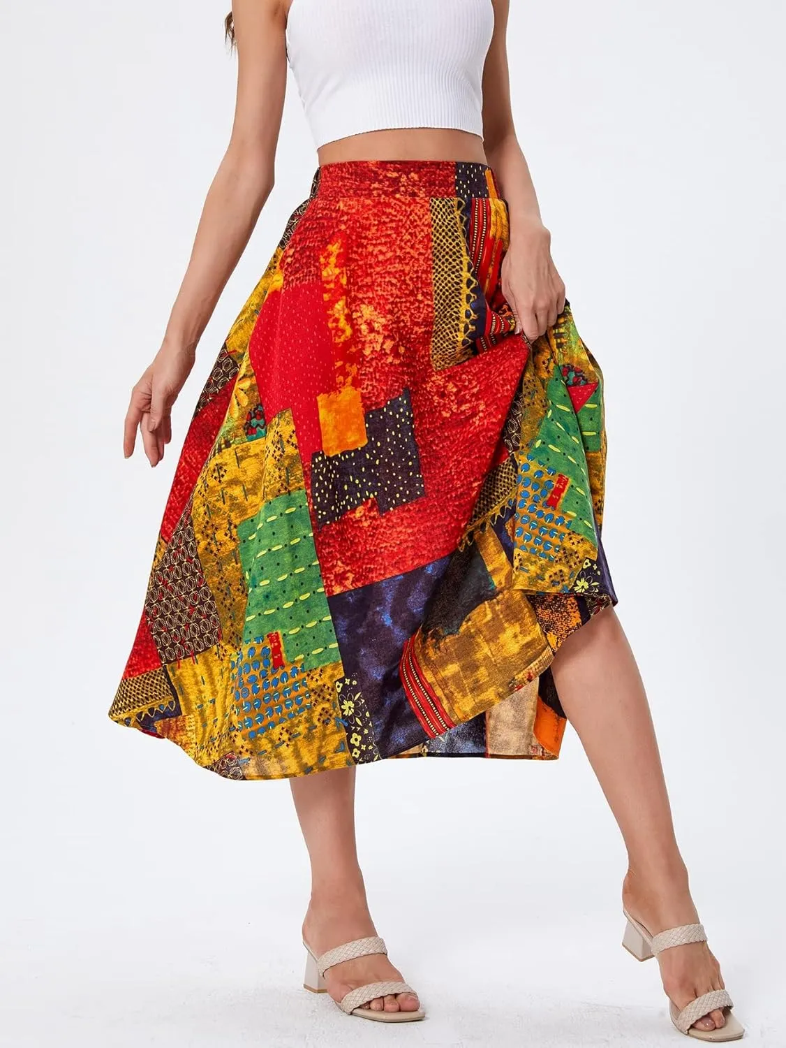 WDIRARA Women's Patchwork Skirt High Waisted A Line Flowy Boho Vintage Midi Skirt