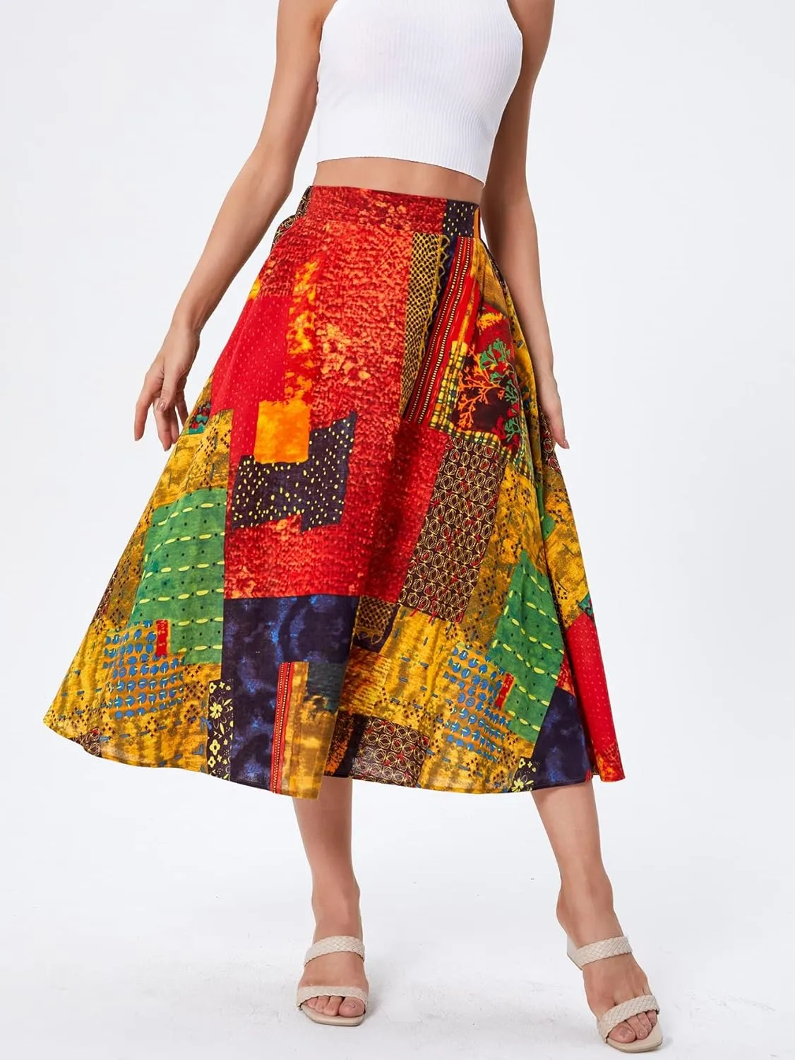 WDIRARA Women's Patchwork Skirt High Waisted A Line Flowy Boho Vintage Midi Skirt