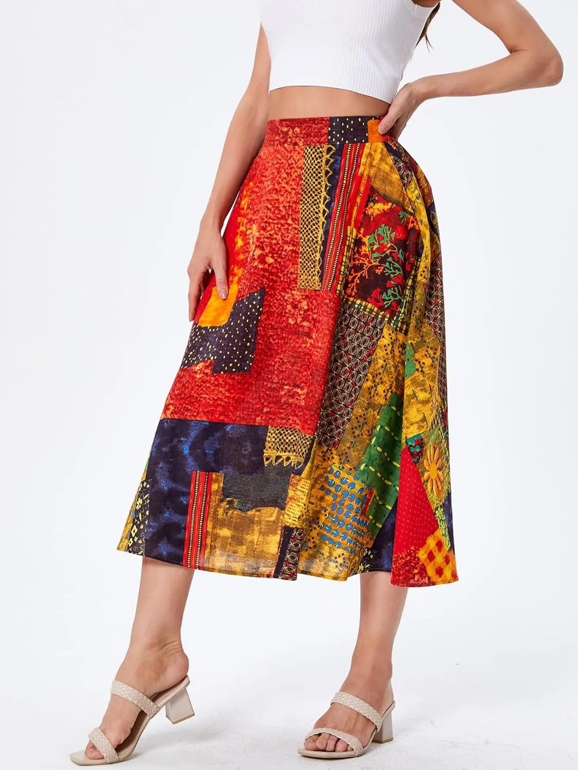 WDIRARA Women's Patchwork Skirt High Waisted A Line Flowy Boho Vintage Midi Skirt